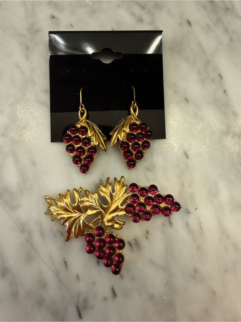 Monet Gold Tone Grape Cluster Earrings and Brooch Set with Fuchsia Rhinestones